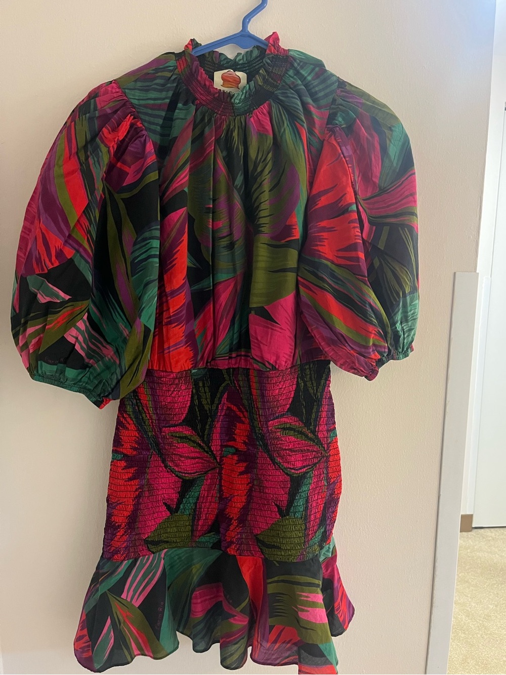FARM Rio Pink, Green & Red Puff-Sleeve Floral Dress